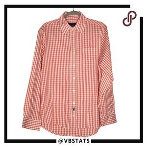 Johnnie-O Mens Gingham‎ Check Long Sleeve Cotton Button-Up Shirt Coral Sz Medium